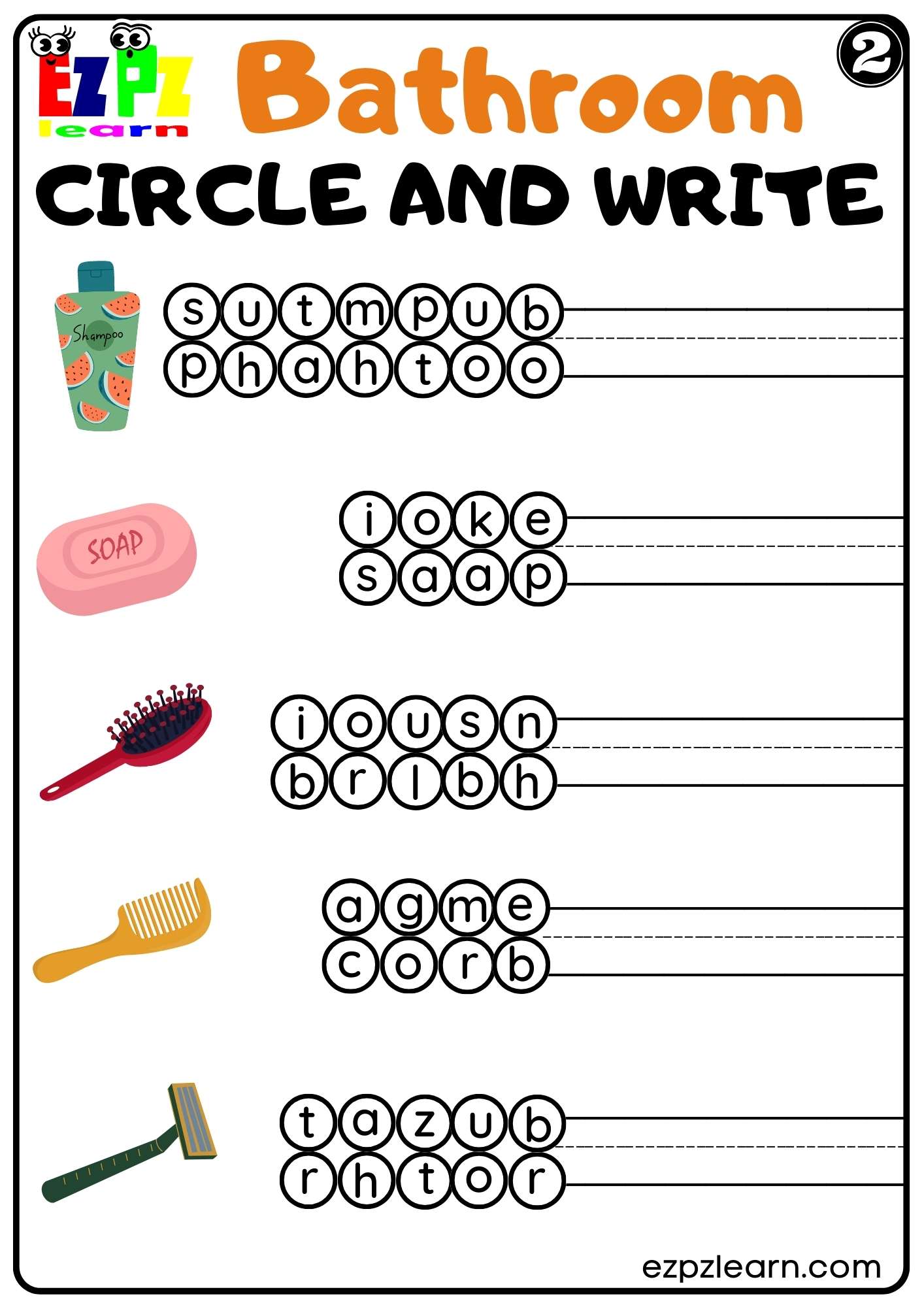 Bathroom Circle and Write Worksheet for ESL and K5 Kids PDF Download